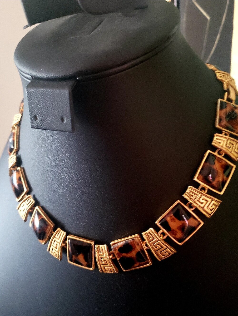 Artisan Crafted Leopard & Greek Key Square Link Necklace & Bracelet Set